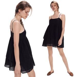 Urban Outfitters Katrina Eyelet Tiered Mini Dress Babydoll Cotton Black Womens 4